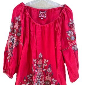 Johnny Was Large Linen Kimono Sleeve Peasant Top Floral Embroidered Red Shirt